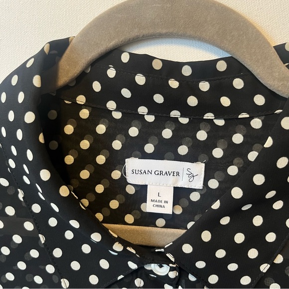 Susan Graver blouse L Black white polka dot Sheer Button up Long sleeve top - Picture 3 of 7